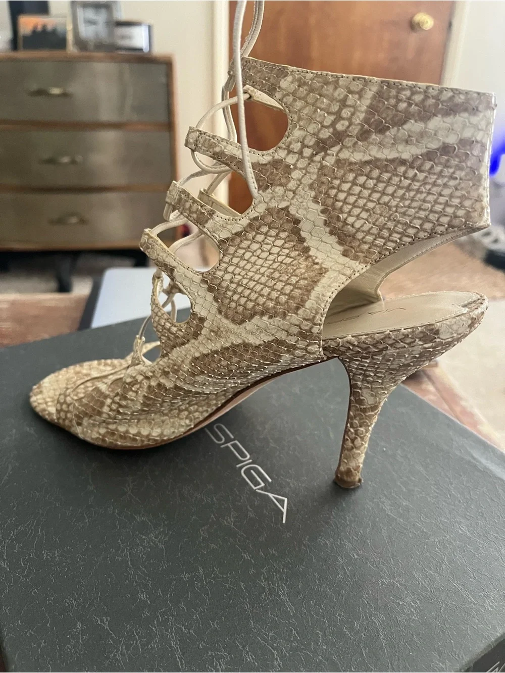 Via Spiga Genuine Leather Lace-Up Snake Print High Heel Sandals